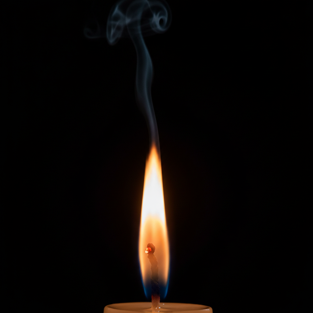 Dramatic macro close-up of a single candle flame against a dark background