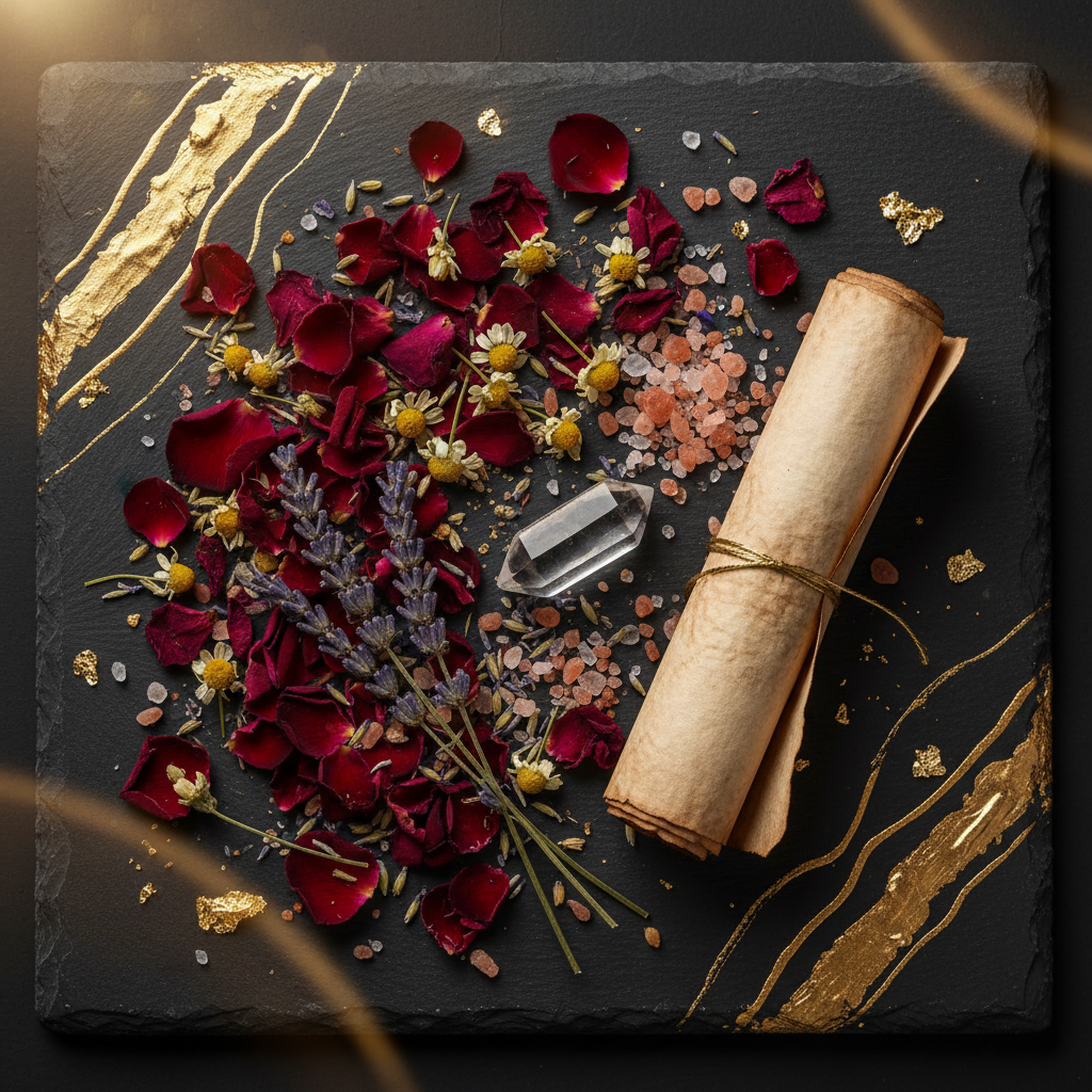 Flat lay of ritual bath ingredients including rose petals, lavender, salt and crystals on dark slate