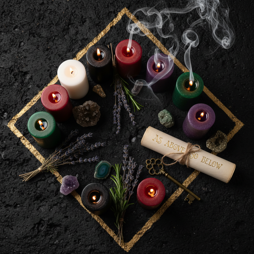 Styled candle altar flat lay with multi-colored pillar candles, herbs, crystals and skeleton key on dark surface