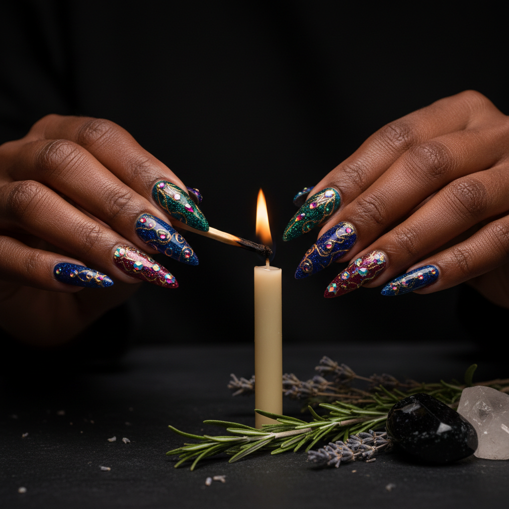 Dark-skinned woman's hands with long blingy stiletto nails lighting a taper candle by candlelight