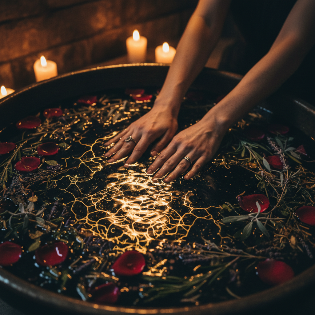 Woman's hands submerged in a dark floral ritual bath with gold shimmering water