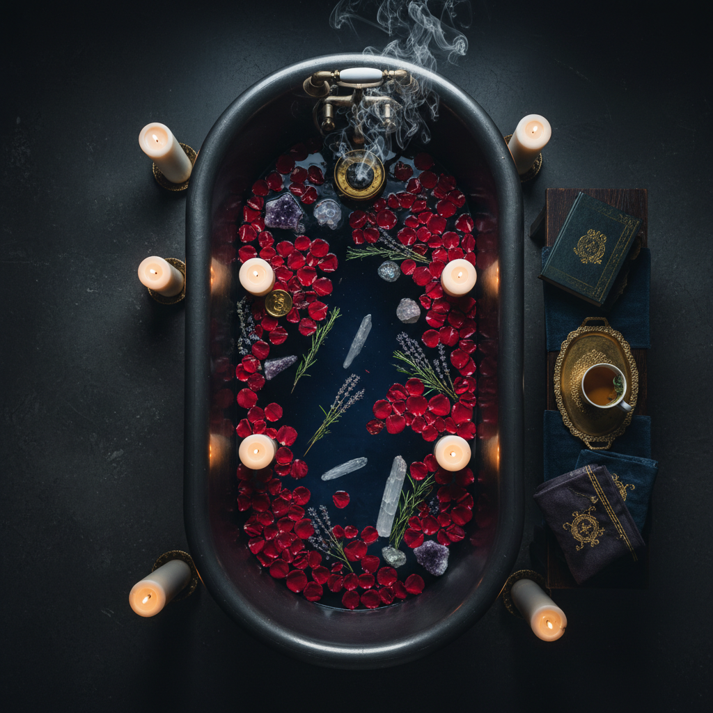 Ritual bath scene with indigo water, rose petals, herbs, crystals and seven glowing candles