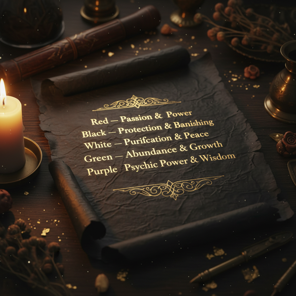 Candle color correspondence guide page showing color meanings in gold serif text on dark parchment