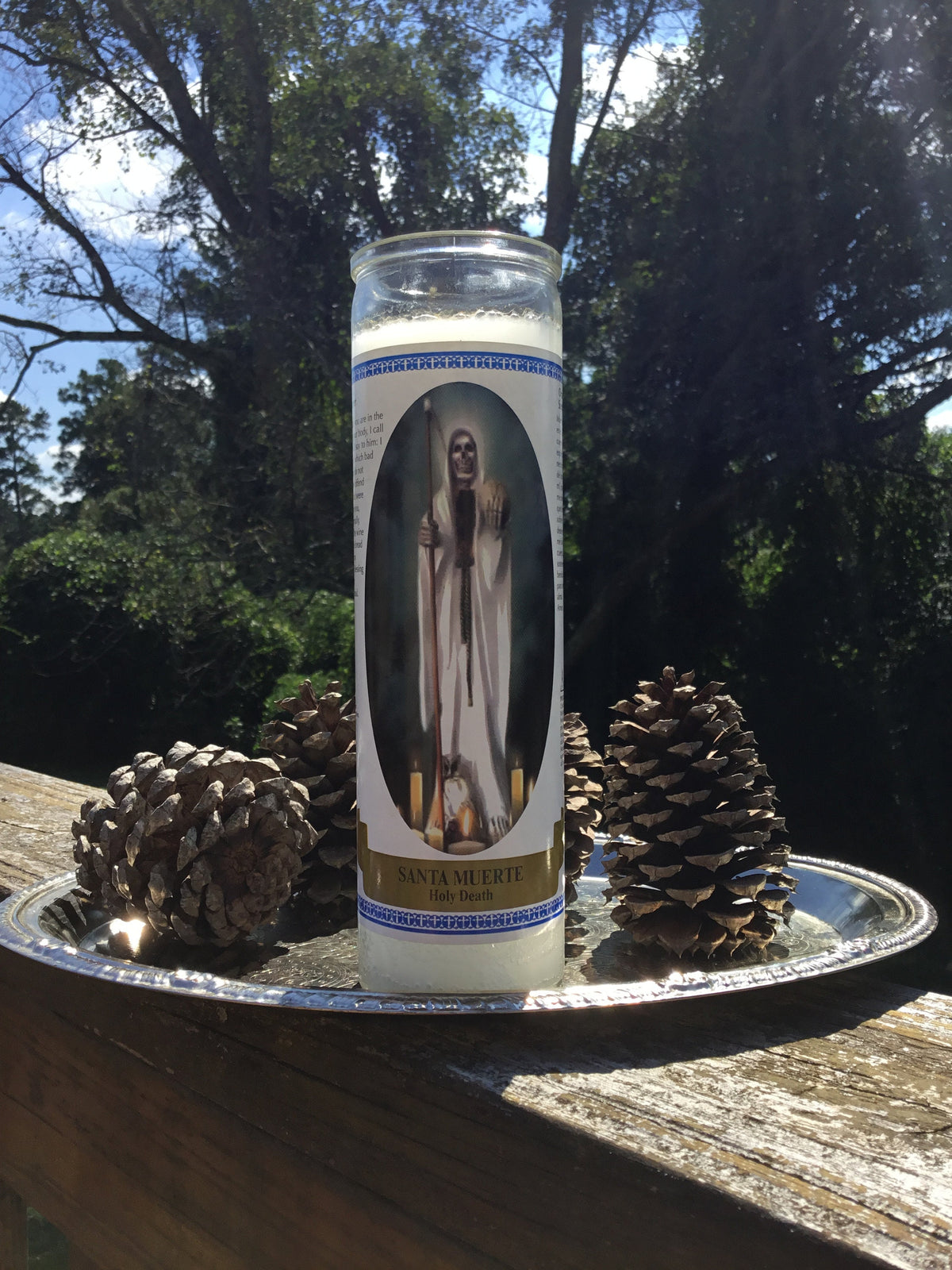 Santa Muerte Glass Vigil Candle, La Santisima, White Candle