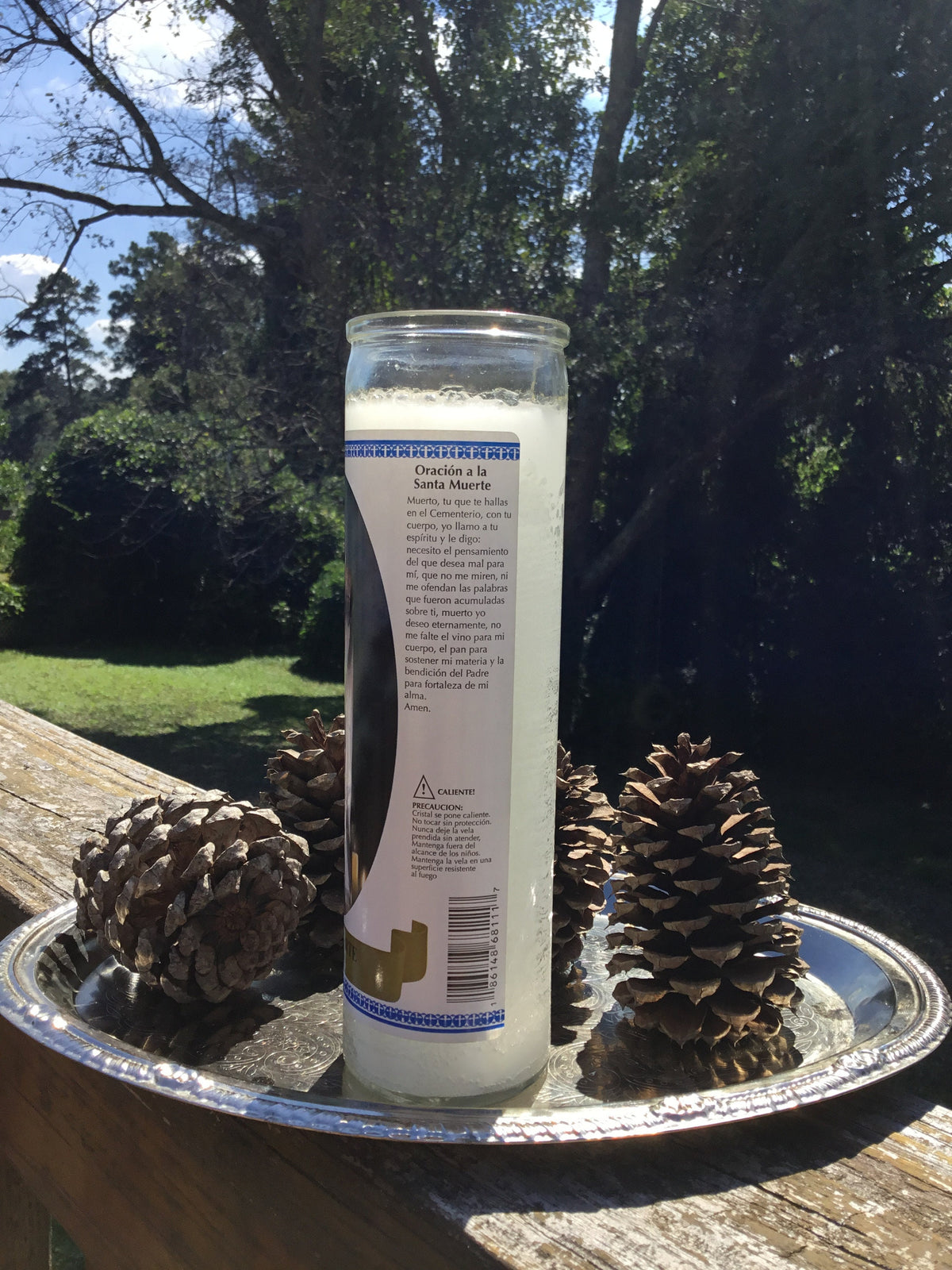 Santa Muerte Glass Vigil Candle, La Santisima, White Candle