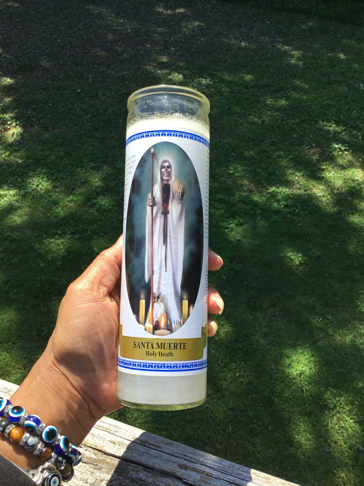 Santa Muerte Glass Vigil Candle, La Santisima, White Candle